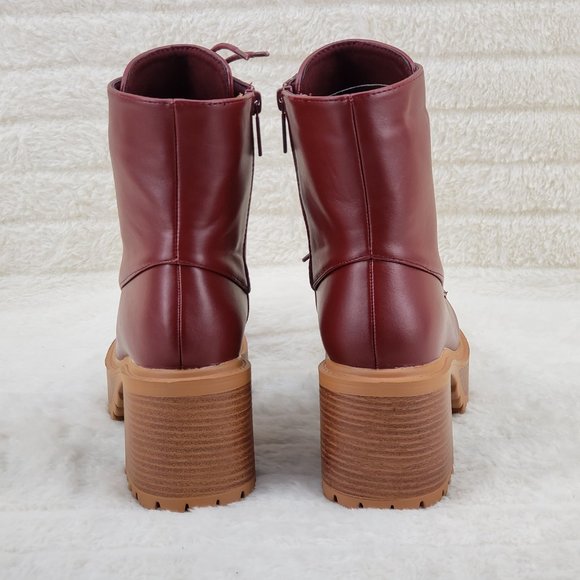 Light Weight Cherry Wine Wood Look Chunky Platform Combat Boots - Picture 7 of 10